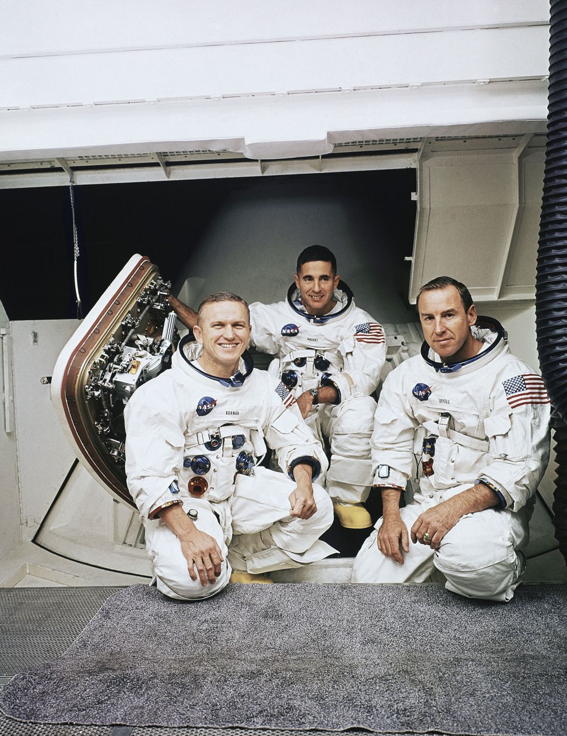 Left to right: Frank Borman, commander of 3-man Apollo 8 crew, William A. Anders and James A. Lovell, Jr., Dec. 21, 1968. They will attempt an orbital flight around the moon during the Christmas holidays. (AP Photo)