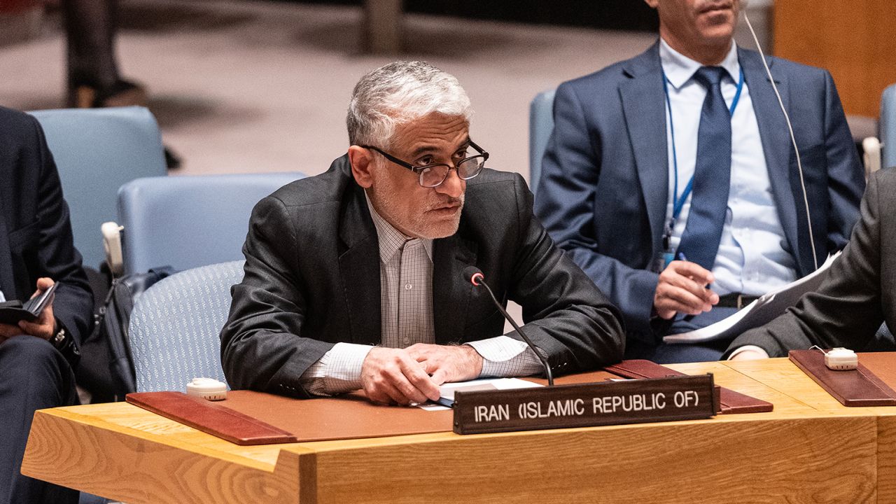Amir Saeid Iravani, Permanent Representative of the Islamic Republic of Iran, addresses the Security Council meeting on the situation in the Middle East (Syria) in UN Headquarters, New York on July 2, 2023.