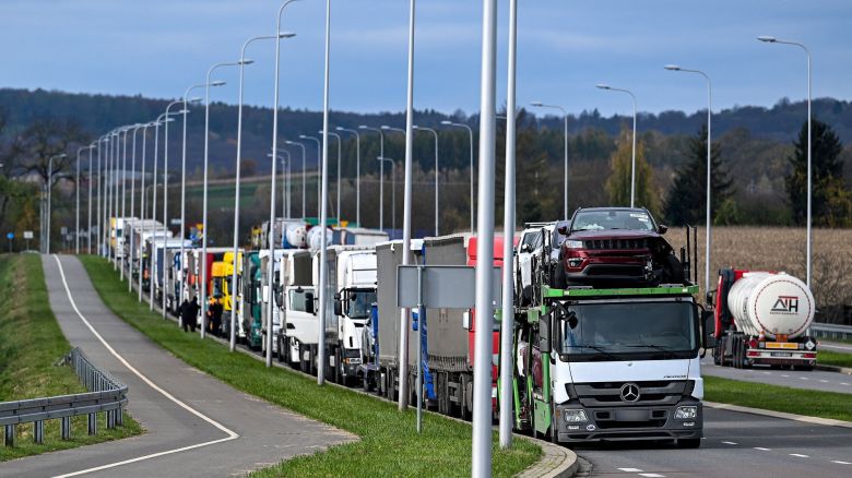 Mandatory Credit: Photo by Darek Delmanowicz/EPA-EFE/Shutterstock (14195145g)
A queue of trucks stands on the road in Przemysl, southeast Poland, 08 November 2023, waiting to cross the Polish-Ukrainian border crossing in Medyka. According to estimates, about 600 vehicles are already queuing. The congestion is due to a protest by carriers at the neighboring Polish-Ukrainian border crossing in Korczowa.
Queue of trucks to the border with Ukraine, Przemysl, Poland - 08 Nov 2023