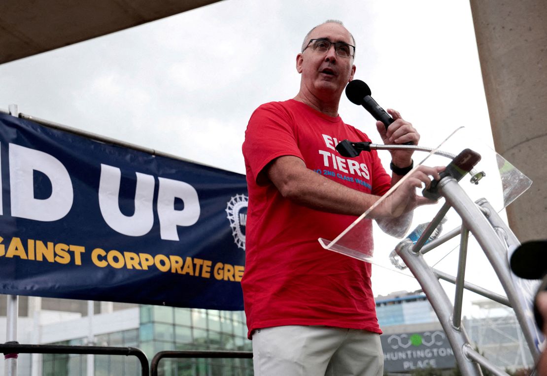 FILE PHOTO: United Auto Workers President Shawn Fain addresses the audience during a rally in support of striking UAW members in Detroit, Michigan, U.S., September 15, 2023.  REUTERS/Rebecca Cook/File Photo