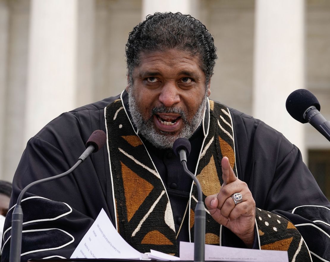 WASHINGTON, DC - NOVEMBER 15: Reverend William Barber speaks during a demonstration at the U.S. Supreme Court during the MoveOn and Poor People's Build Back Better Action on November 15, 2021 in Washington, DC. (Photo by Jemal Countess/Getty Images for MoveOn)