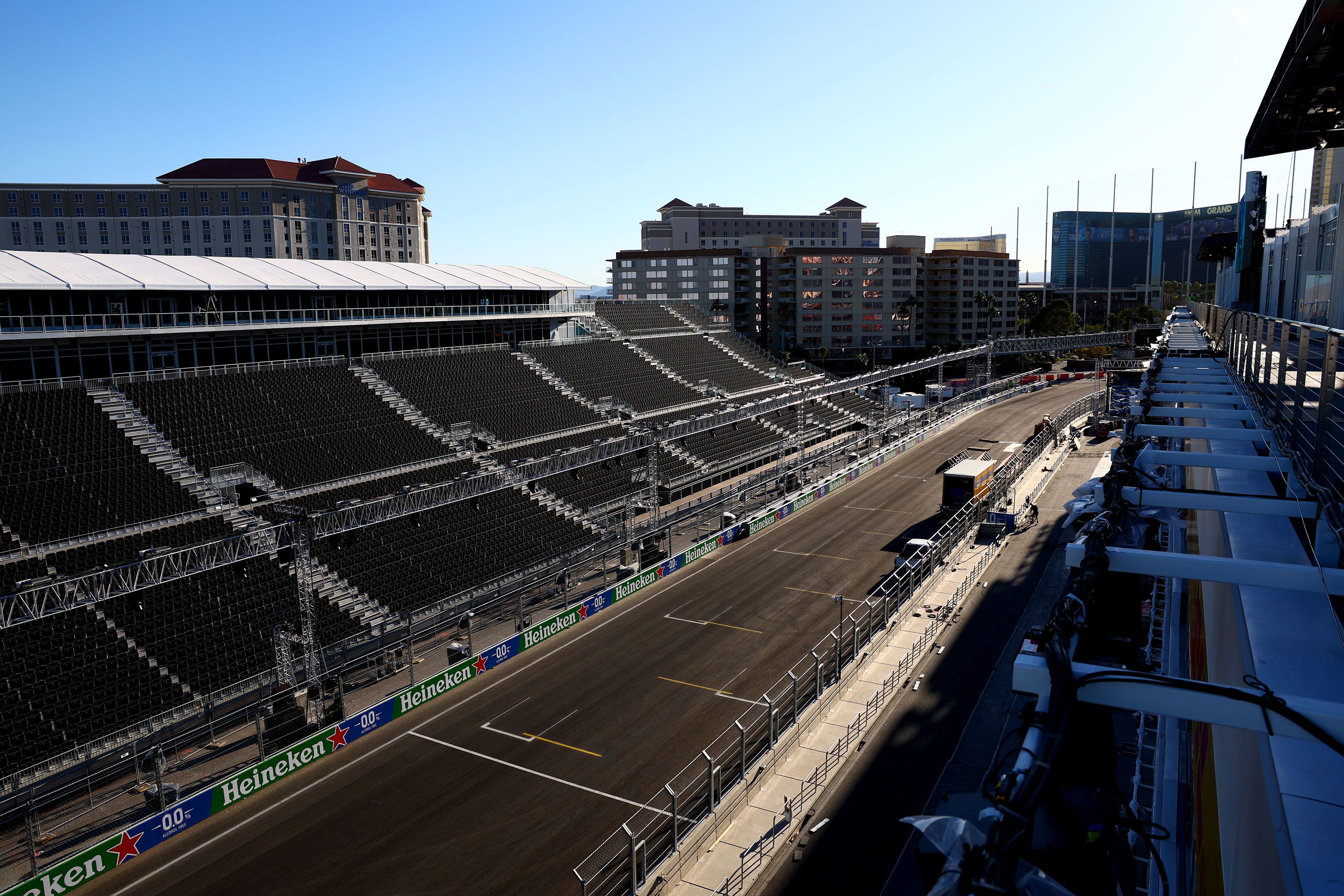 LAS VEGAS, NEVADA - NOVEMBER 09: A general view of the pit straight prior to the F1 Grand Prix of Las Vegas at  on November 09, 2023 in Las Vegas, Nevada. (Photo by Dan Istitene - Formula 1/Formula 1 via Getty Images)