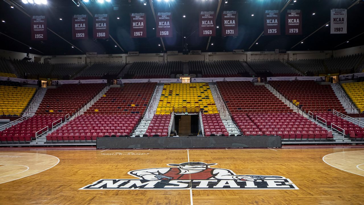 The basketball court of the Pan American Center at New Mexico State University is seen Wednesday, February 15, 2023, in Las Cruces, N.M.