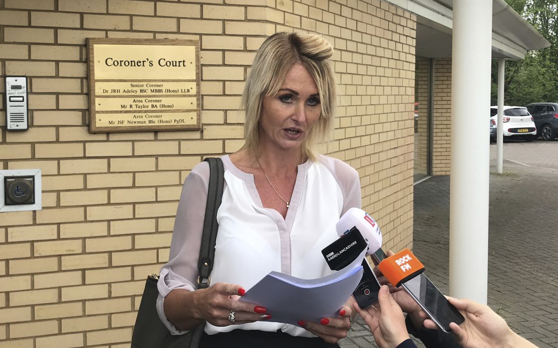 John and Susan Cooper deaths. Kelly Ormerod speaks to the media outside Preston Coroner's Court after the pre-inquest hearing into the deaths of her parents, John and Susan Cooper, who died after becoming ill while staying at the Steigenberger Aqua Magic Hotel in the Red Sea resort of Hurghada on August 21 last year. Picture date: Wednesday May 1, 2019. See PA story INQUEST Egypt. Photo credit should read: Pat Hurst/PA Wire URN:42616564 (Press Association via AP Images)