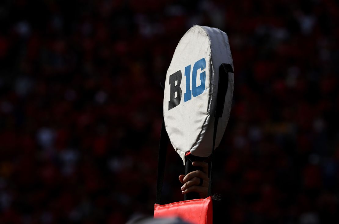 COLLEGE PARK, MARYLAND - SEPTEMBER 30: A view of the Big Ten logo on a yardage marker during the game between the Maryland Terrapins and the Indiana Hoosiers at SECU Stadium on September 30, 2023 in College Park, Maryland. (Photo by G Fiume/Getty Images)