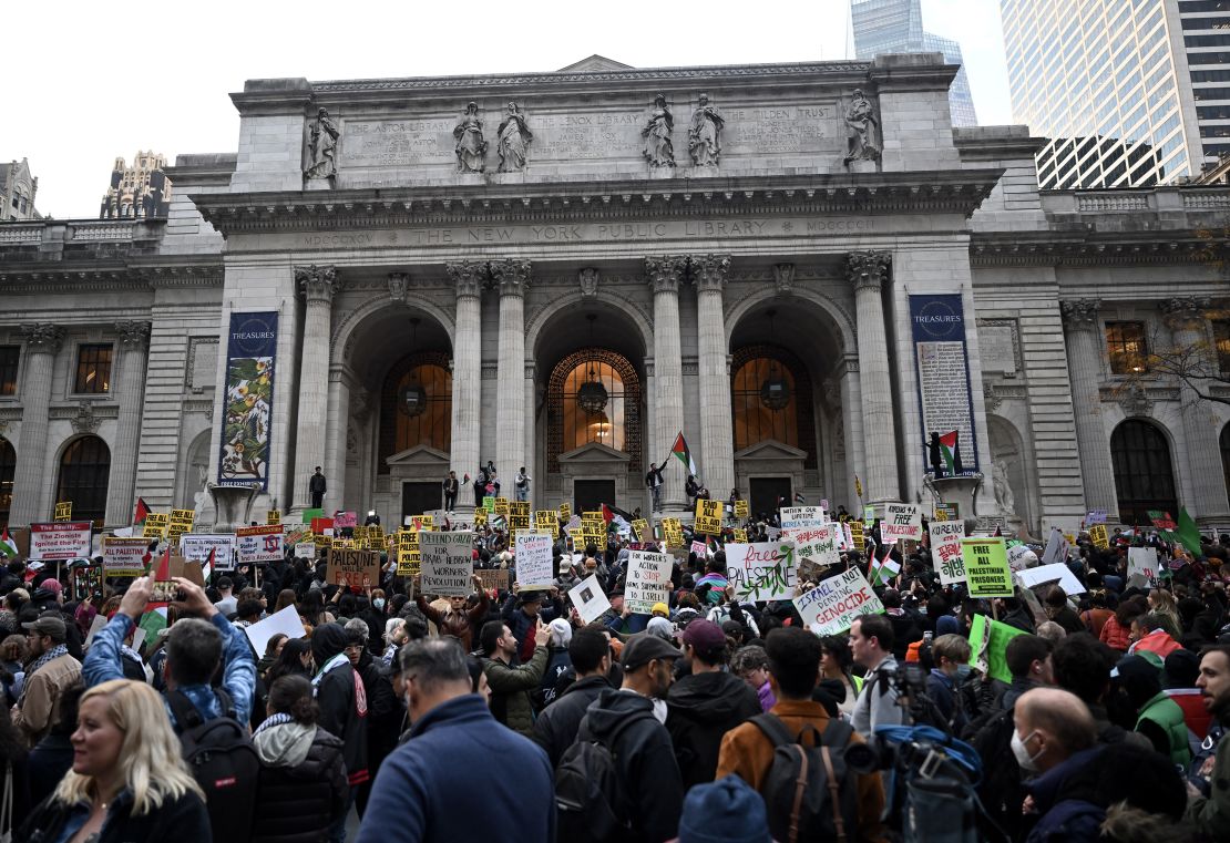 NEW YORK, UNITED STATES - NOVEMBER 09: Pro-Palestinian protesters holding banners and Palestinian flags gather to stage a demonstration in streets and march through the streets in New York, United States on November 09, 2023. (Photo by Fatih Aktas/Anadolu via Getty Images)