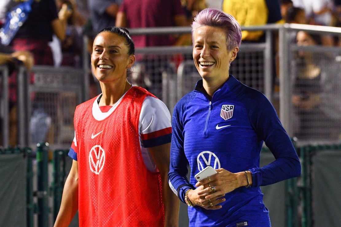USA defender Ali Krieger (11) and USA forward Megan Rapinoe (15) walk off the field at half time during the USA Victory Tour match between the United States of America and the Republic of Ireland on August 3, 2019 at the Rose Bowl in Pasadena, CA.