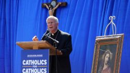 Jun 16, 2023; Los Angeles, California, USA; Catholic bishop Joseph Strickland of Tyler, Texas speaks at a rally to protest the Los Angeles Dodgers honoring the pro-LGBTQ+ group Sisters of Perpetual Indulgence during LGBTQ+ Pride Night at Dodger Stadium. Mandatory Credit: Kirby Lee-USA TODAY Sports