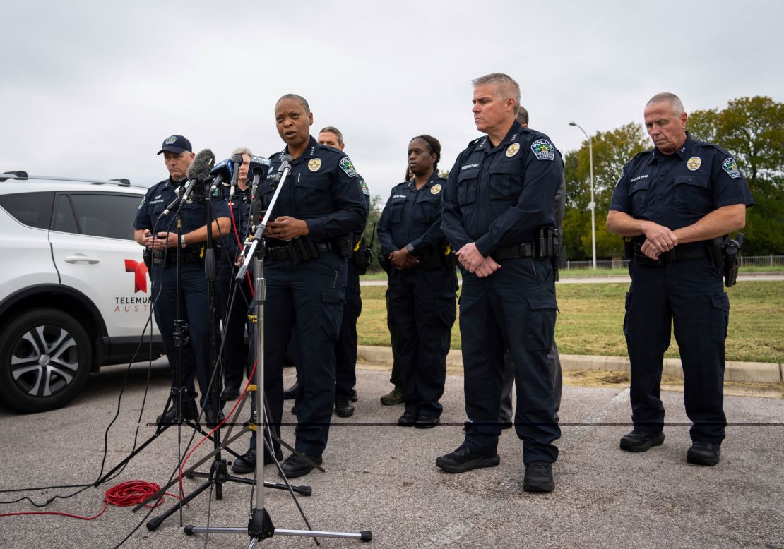 Interim Austin Police Chief Robin Henderson speaks to the media about the shooting death of an Austin Police Department officer, Saturday, Nov. 11, 2023 during a news conference in south Austin, Texas. One Texas police officer was killed and a second officer was wounded in a shooting early Saturday at a home in Austin that also left the suspected gunman dead. (Sara Diggins/Austin American-Statesman via AP)