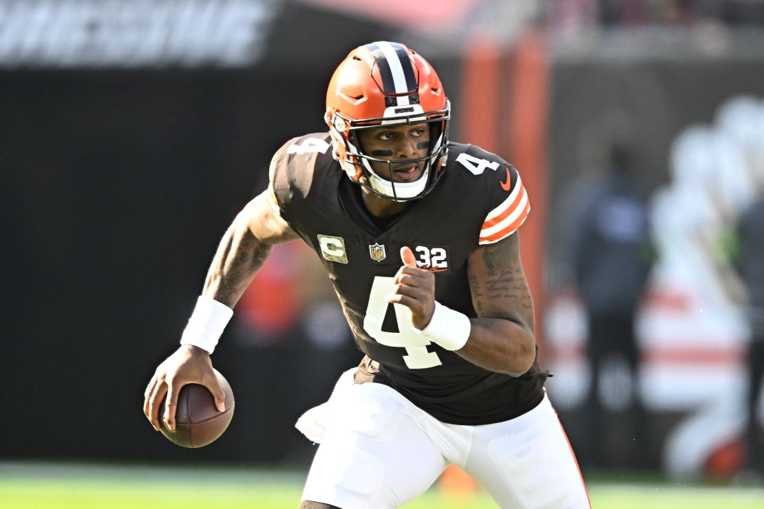 Cleveland Browns quarterback Deshaun Watson (4) runs with the ball during an NFL football game against the Arizona Cardinals, Sunday, Nov. 5, 2023, in Cleveland. The Browns won 27-0. (AP Photo/David Richard)