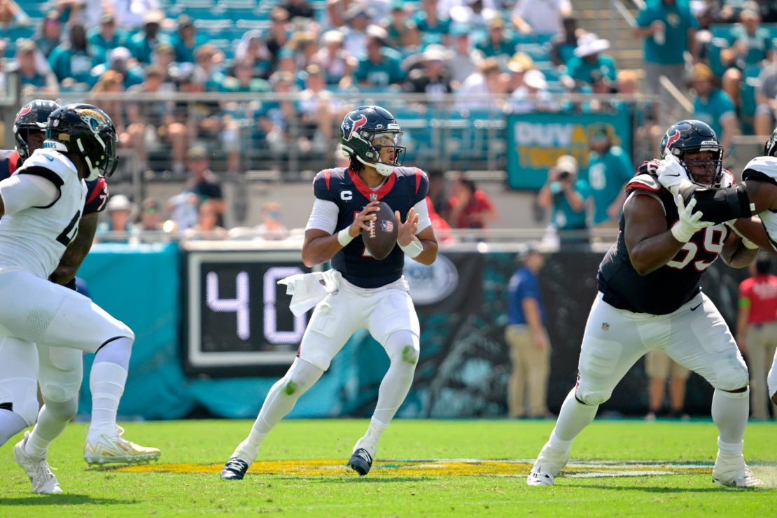 Houston Texans quarterback C.J. Stroud (7) looks for a receiver during the first half of an NFL football game against the Jacksonville Jaguars, Sunday, Sept. 24, 2023, in Jacksonville, Fla. (AP Photo/Phelan M. Ebenhack)