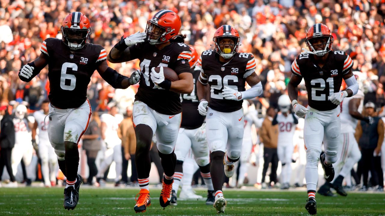 Cleveland Browns linebacker Sione Takitaki (44) celebrates after making an interception during an NFL football game against the Arizona Cardinals, Sunday, Nov. 5, 2023, in Cleveland. (AP Photo/Kirk Irwin)