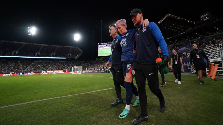 Nov 11, 2023; San Diego, California, USA; OL Reign forward Megan Rapinoe (15) comes off the field after sustaining an injury in the first half against OL Reign in the NWSL Championship at Snapdragon Stadium. Mandatory Credit: Kyle Terada-USA TODAY Sports