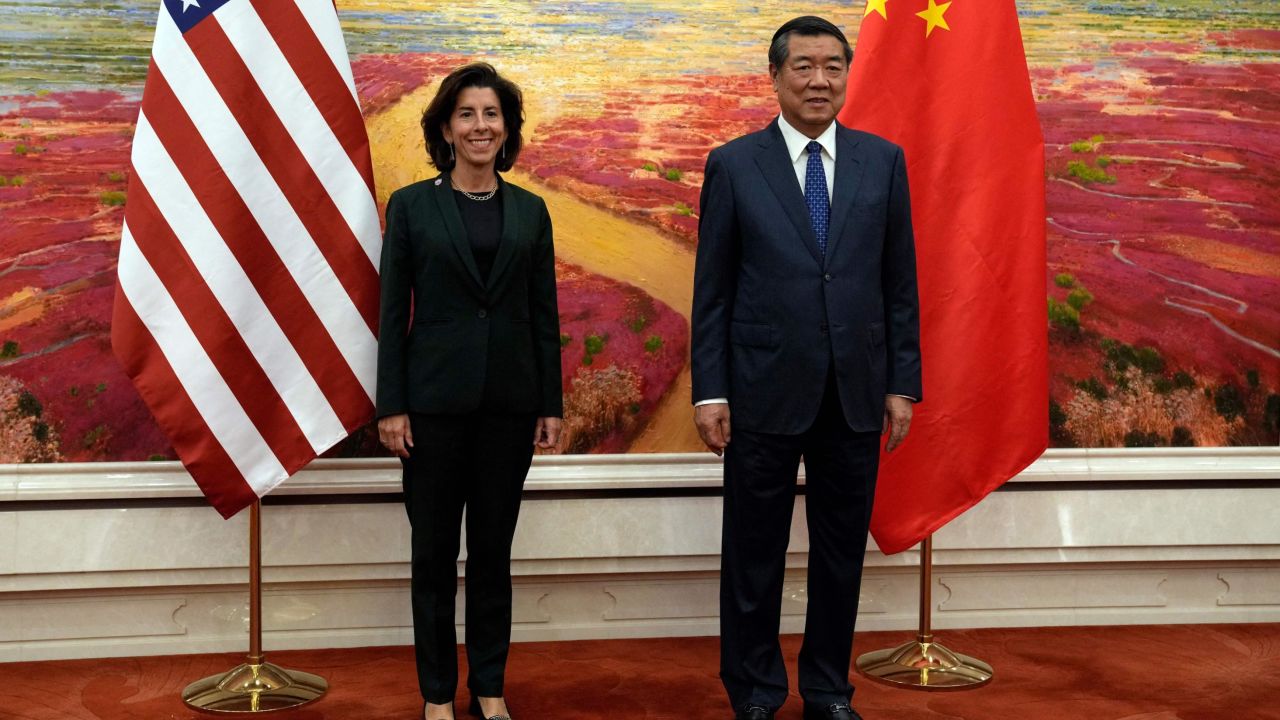 US Commerce Secretary Gina Raimondo (L) and Chinese Vice Premier He Lifeng pose for photographs before their meeting at the Great Hall of the People in Beijing on August 29, 2023. (Photo by Andy Wong / POOL / AFP) (Photo by ANDY WONG/POOL/AFP via Getty Images)