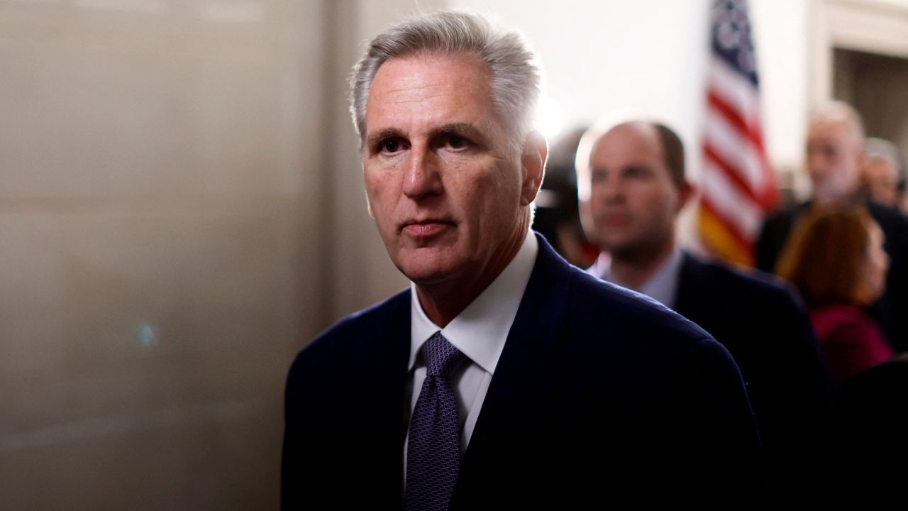 Former Speaker of the House and current U.S. Rep. Kevin McCarthy (R-CA) arrives for a third House Republican conference meeting of the day, in a continued effort to choose a nominee in the race for House Speaker, on Capitol Hill in Washington, U.S., October 24, 2023.