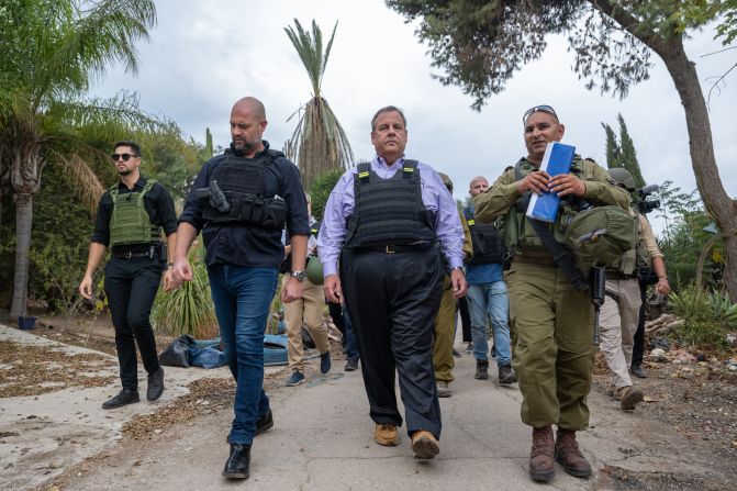 Christie visits Kfar Aza, Israel, in November 2023. He was the first <a href="https://www.cnn.com/2023/11/12/politics/chris-christie-israel-visit-hamas-war/index.html" target="_blank">Republican presidential candidate to visit the country</a> following the October 7 Hamas attacks. 