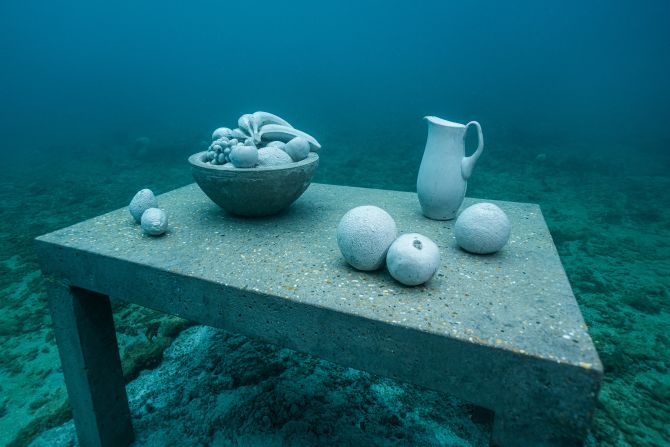 <strong>Breakfast table:</strong> Grenadian artist Troy Lewis created four of the new sculptures, including this piece featuring a table with a jug and a fruit bowl.