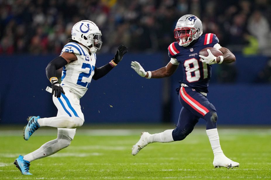 New England Patriots wide receiver Demario Douglas evades Indianapolis Colts cornerback Kenny Moore II on November 12. 