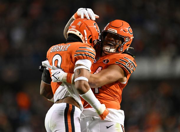 Noah Sewell, right, and Jaquan Brisker of the Chicago Bears celebrate during the Bears' 16-13 Thursday Night Football win over the Carolina Panthers on November 9.