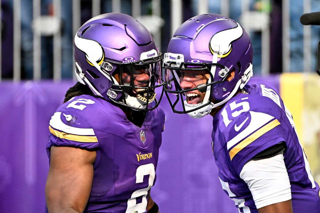 MINNEAPOLIS, MINNESOTA - NOVEMBER 12: Joshua Dobbs #15 of the Minnesota Vikings celebrates his touchdown with teammate Alexander Mattison #2 against the New Orleans Saints during the second quarter at U.S. Bank Stadium on November 12, 2023 in Minneapolis, Minnesota. (Photo by Stephen Maturen/Getty Images)