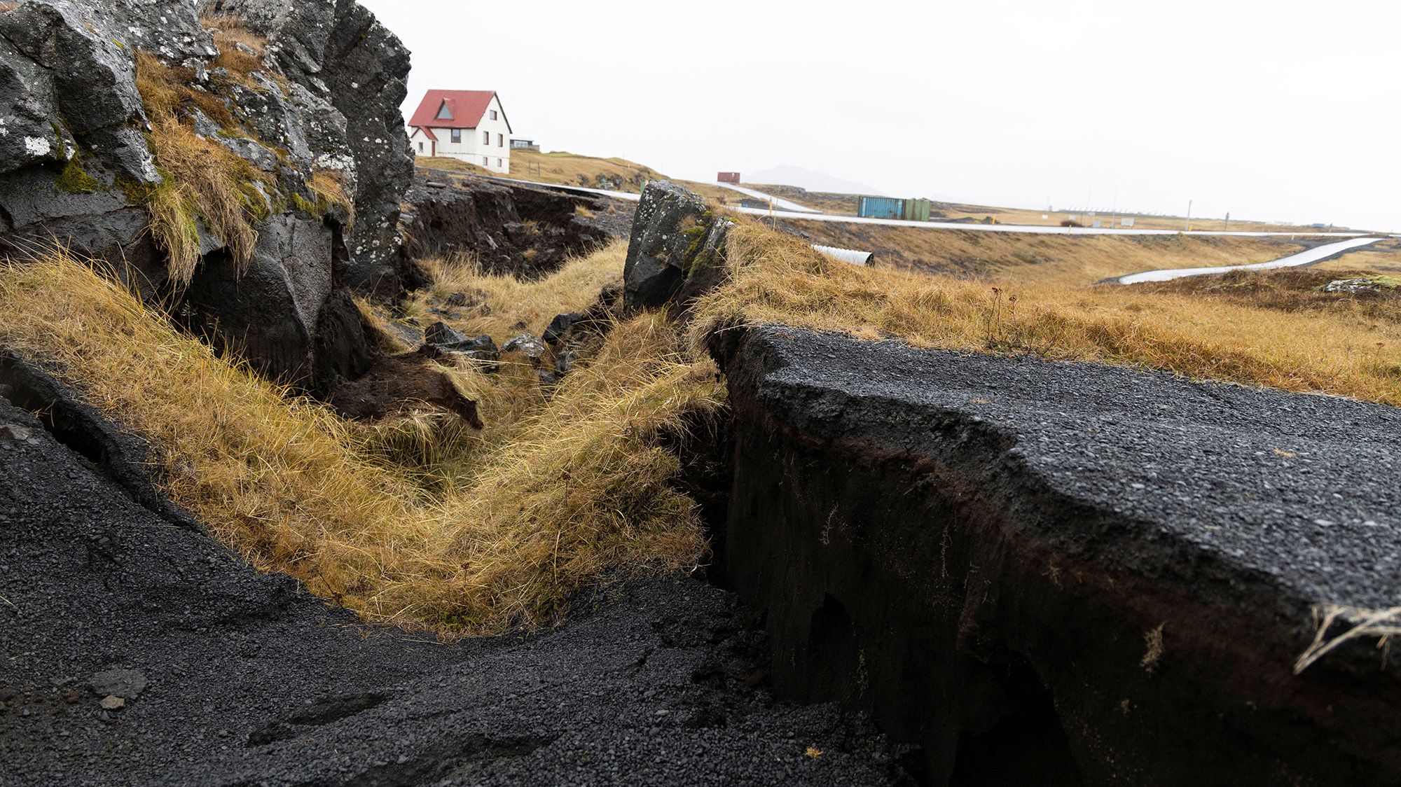 A general view of damage due to volcanic activity at a golf course, in Grindavik, Iceland November 11, 2023.   RUV/Ragnar Visage/Handout via REUTERS    THIS IMAGE HAS BEEN SUPPLIED BY A THIRD PARTY. NO RESALES. NO ARCHIVES. MANDATORY CREDIT