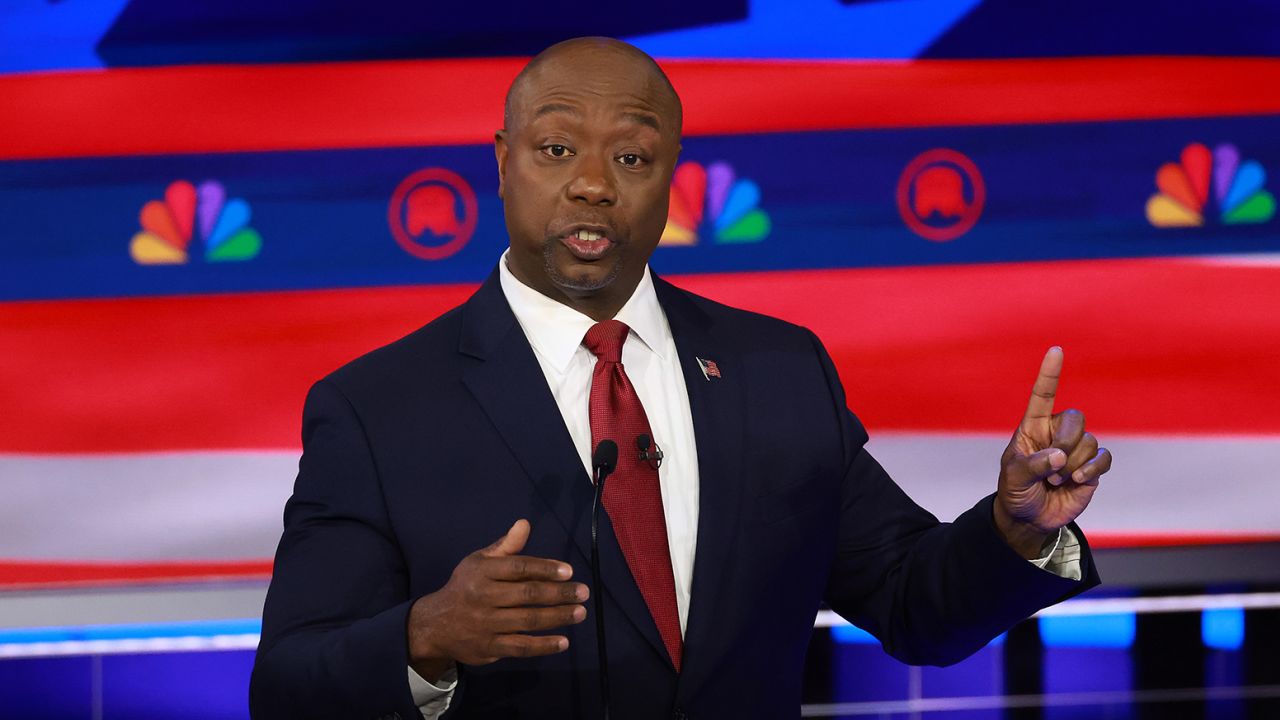 Republican presidential candidate U.S. Sen. Tim Scott (R-SC) speaks during the NBC News Republican Presidential Primary Debate at the Adrienne Arsht Center for the Performing Arts of Miami-Dade County on November 8, 2023 in Miami, Florida.