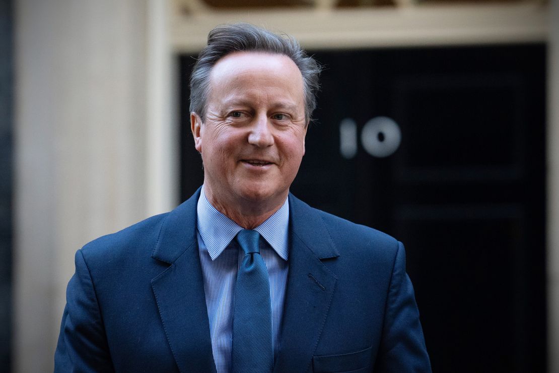 LONDON, ENGLAND - NOVEMBER 13: Britain's former Prime Minister, David Cameron, leaves 10, Downing Street after being appointed Foreign Secretary in a Cabinet reshuffle on November 13, 2023 in London, England. Rishi Sunak came under pressure last week to sack Suella Braverman after she wrote an article criticising the Met Police over Pro-Palestinian Marches which was not signed off by Downing Street. At the weekend, several far-right protestors were arrested after confrontations at the Cenotaph during the Armistice Day service. (Photo by Carl Court/Getty Images)