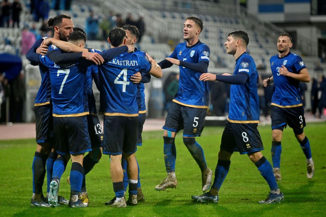 Kosovo's players celebrate scoring a goal during the UEFA Euro 2024 Group I qualifying football match between Kosovo and Israel at the Fadil-Vokrri stadium in Pristina on November 12, 2023. (Photo by Armend NIMANI / AFP) (Photo by ARMEND NIMANI/AFP via Getty Images)