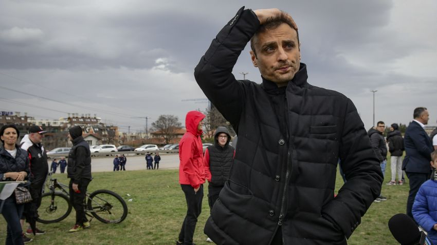 Former Manchester United player, and current candidate for President of Bulgarian football Union Dimitar Berbatov during protest against current administration and its leader Borislav Mihaylov on 31 Marh, 2022 in Sofia, Bulgaria. (Photo by Georgi Paleykov/NurPhoto via Getty Images)