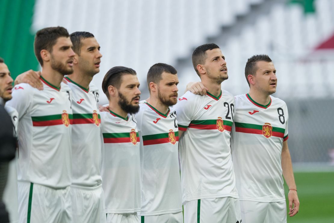 DOHA, QATAR - MARCH 29: Bulgaria team sing the national anthem before the international friendly match between Croatia and Bulgaria at Education City Stadium on March 29, 2022 in Doha, Qatar. (Photo by Simon Holmes/Getty Images)