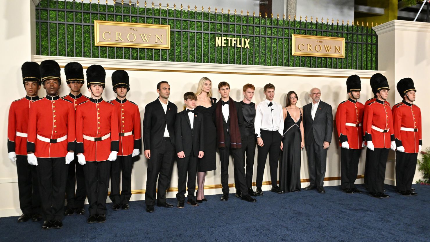 (From left) Khalid Abdalla, Fflyn Edwards, Elizabeth Debicki, Rufus Kampa, Luther Ford, Ed McVey, Meg Bellamy and Jonathan Pryce at the Los Angeles premiere of Netflix's 'The Crown' on Sunday. 