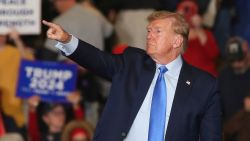 Former President Donald Trump leaves the stage at a campaign rally Saturday, Nov. 11, 2023, in Claremont, N.H. (AP Photo/Reba Saldanha)