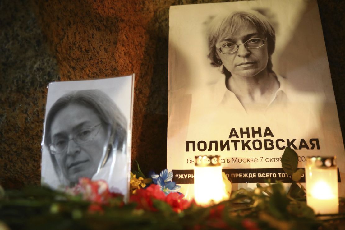 Memorial event to honour journalist Anna Politkovskaya at the Solovetsky stone on Troitskaya Square. A Novaya Gazeta columnist was shot dead in the elevator of her way home on October 7, 2006. Six people were convicted. October 07, 2020. Russia, St Petersbourg Photo credit: David Frenkel'/Kommersant/Sipa USA(Sipa via AP Images)
