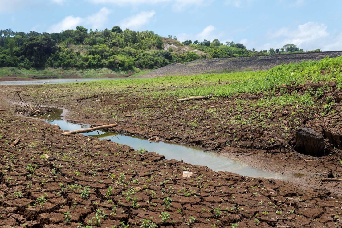 This photograph taken on October 15, 2023 shows a view of a dried hill water reservoir (retenue collinaire) in Dzoumogne on the French Indian Ocean island of Mayotte. (Photo by Marion JOLY / AFP) (Photo by MARION JOLY/AFP via Getty Images)