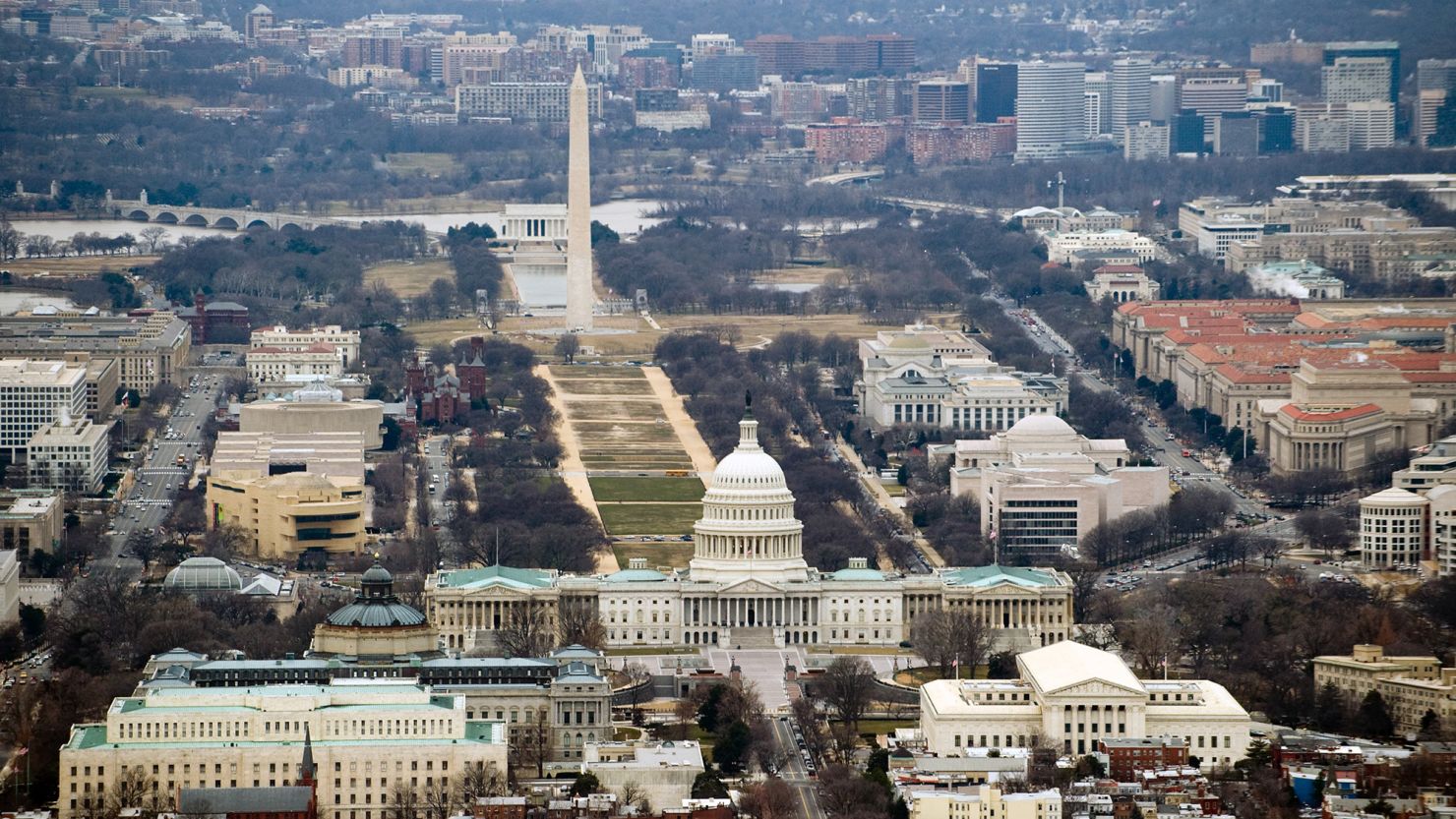 The skyline of Washington, DC, including the US Capitol building, Washington Monument, Lincoln Memorial and National Mall, is seen from the air, January 29, 2010.  AFP PHOTO / Saul LOEB (Photo credit should read SAUL LOEB/AFP via Getty Images)
