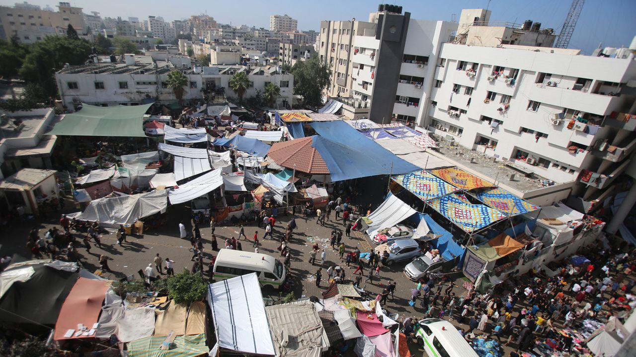 An aerial view shows the compound of Al-Shifa hospital in Gaza City on November 7, 2023, amid the ongoing battles between Israel and the Palestinian group Hamas. (Photo by Bashar TALEB / AFP) (Photo by BASHAR TALEB/AFP via Getty Images)