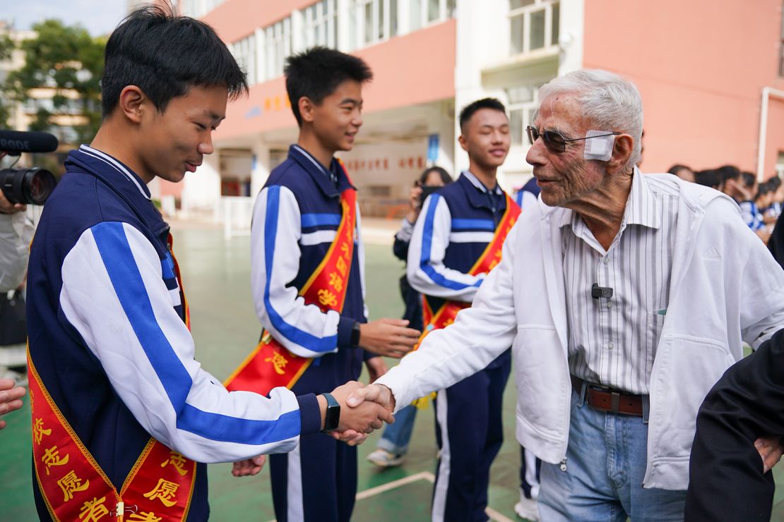 Harry Moyer, a 103-year-old U.S. Flying Tigers veteran, and members and families of Flying Tigers, visit the Kunming Foreign Language School on November 3, 2023 in Kunming, Yunnan Province of China.