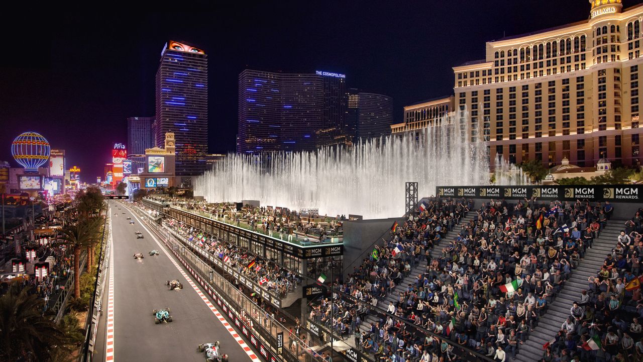 The Bellagio Grandstands are seen during a Formula One race in a rendering.