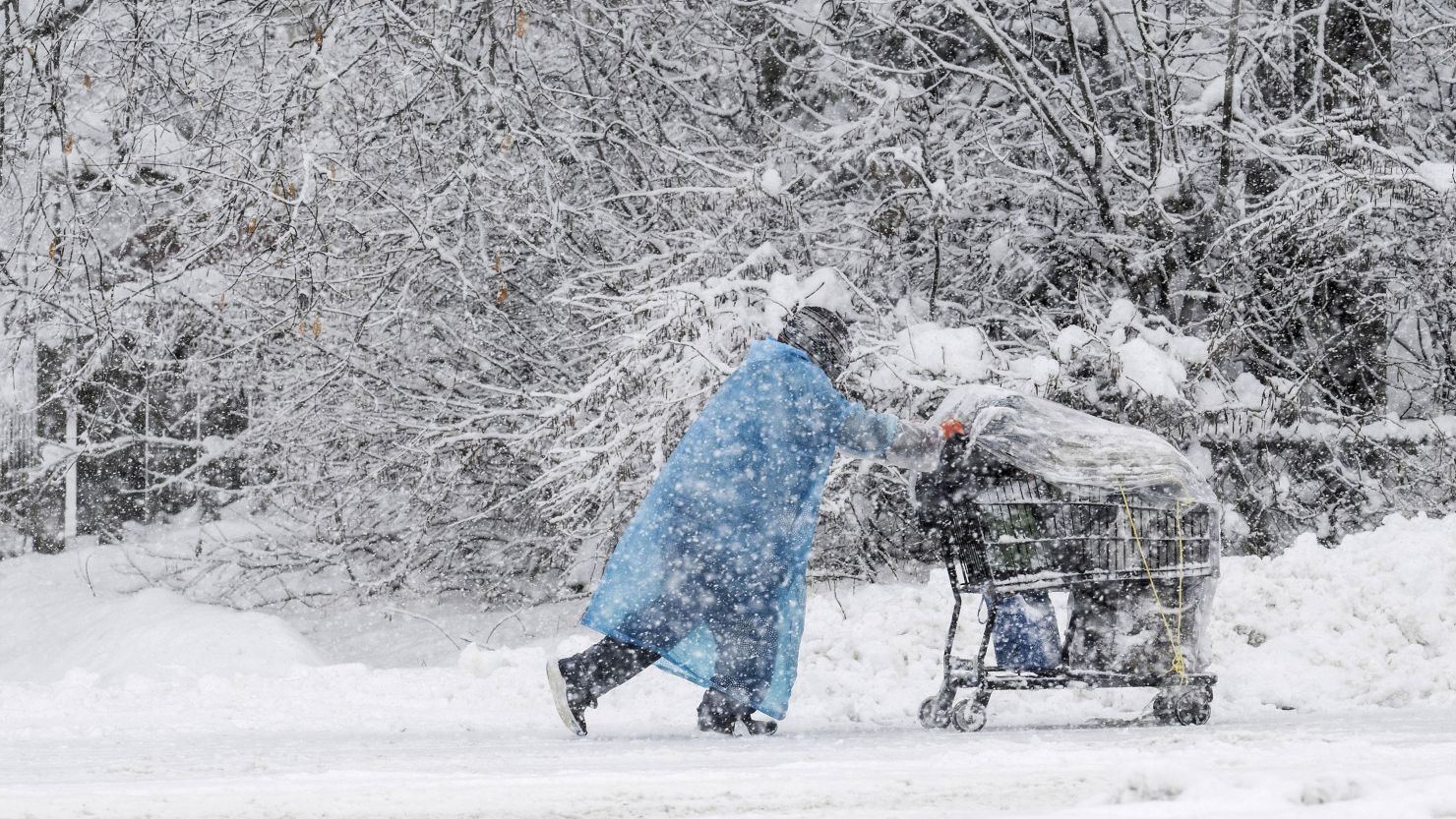 A pedestrian pushes a shopping cart on Cordova Street during a heavy snowfall, Thursday, Nov. 9, 2023 in Anchorage, Alaska. Four homeless people have died in Anchorage in the last week, underscoring the city's ongoing struggle to house a large houseless population at the same time winter weather has returned, with more than 2 feet (0.61 meters) of snow falling within 48 hours. (Marc Lester/Anchorage Daily News via AP)