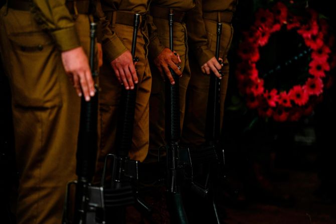 Israeli soldiers form an honor guard at the funeral of Israeli reserve soldier Master Sgt. Raz Abulafia in Rishpon, Israel, on November 14.