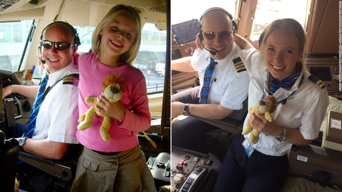 Jorrit van Waalwijk van Doorn and Jasmijn van Waalwijk van Doorn posed for the photo on the left in 2006. They're pictured in the cockpit together. They recreated the photo in 2019, when Jasmijn qualified as a pilot and the father and daughter started flying together.