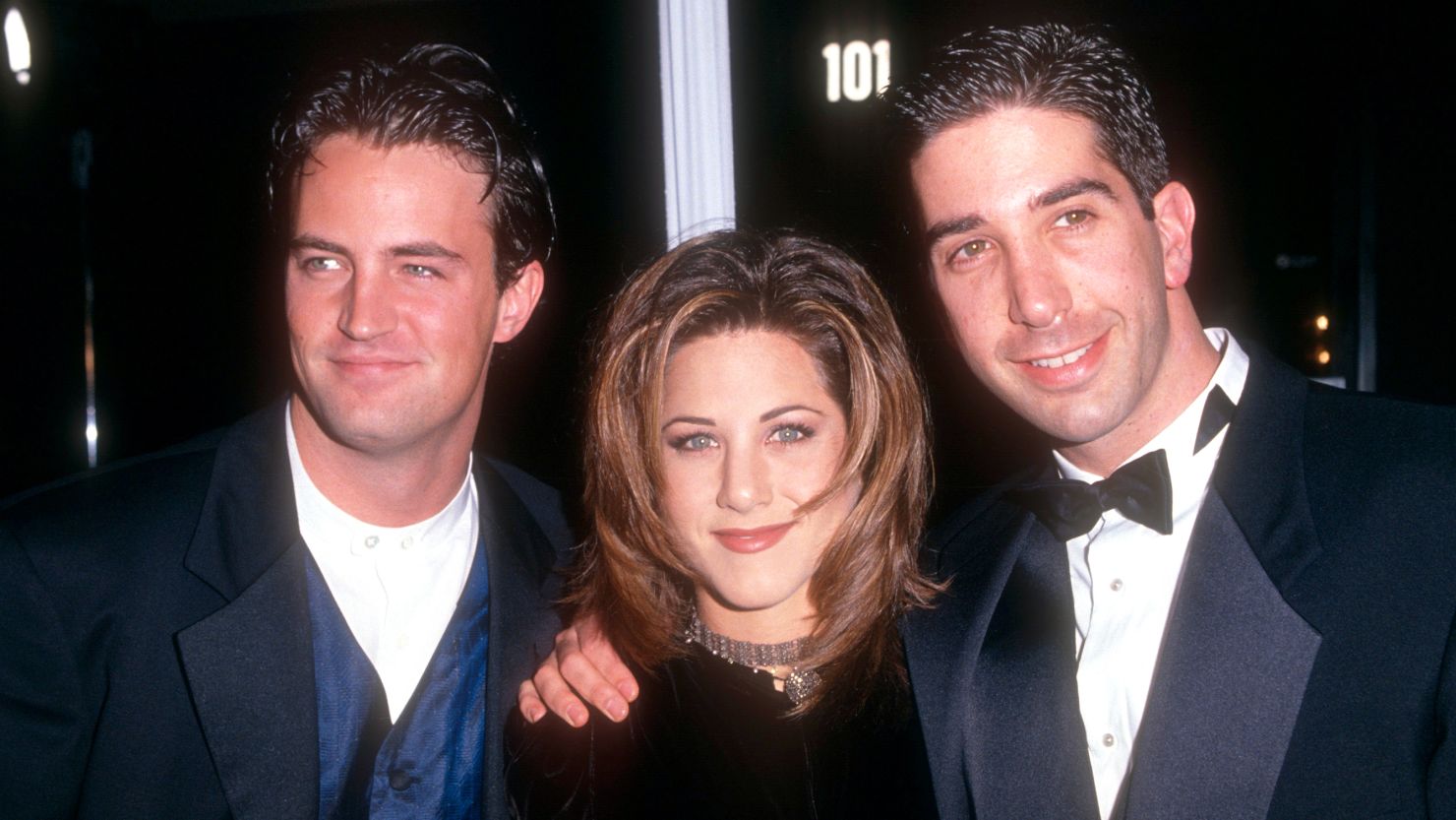 Matthew Perry, Jennifer Aniston and David Schwimmer of the TV show Friend's attend the 21st Annual People's Choice Awards on March 5, 1995 at the Universal Studios in Universal City, California.