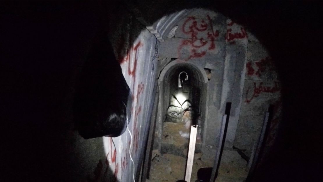 Footage provided to CNN by the IDF shows a tunnel in Gaza.