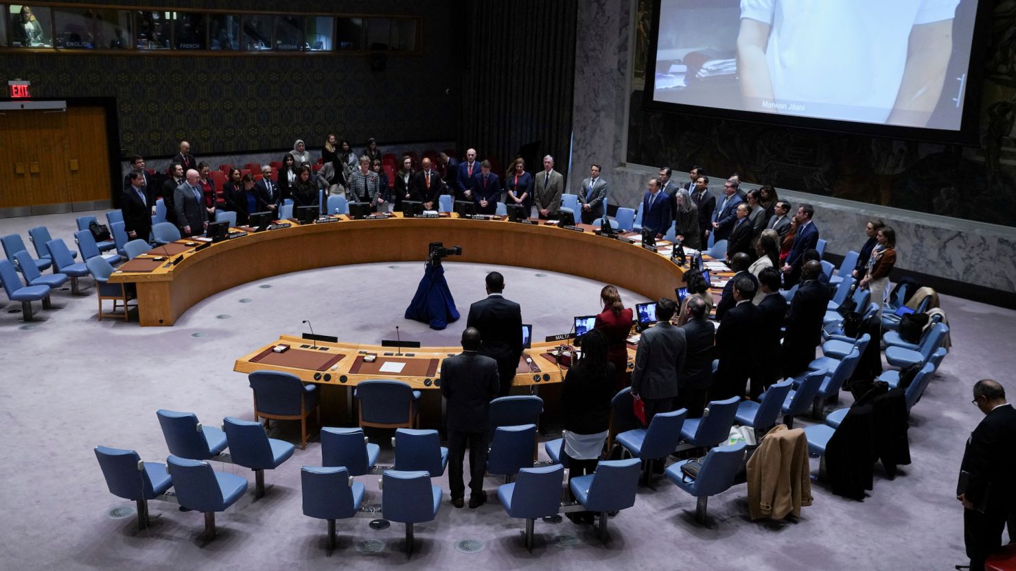 Delegates observe a minute of silence for the victims of the October 7 attack on Israel by Palestinian Islamist group Hamas and for Palestinians who have died in the conflict between Israel and Hamas, during a meeting of the United Nations Security Council in New York on November 10.