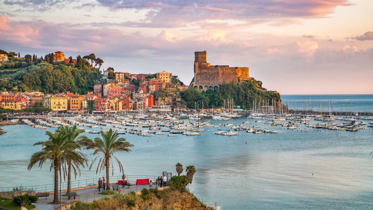The village of Lerici on the Ligurian Coast of Italy with a colorful sunset sky
