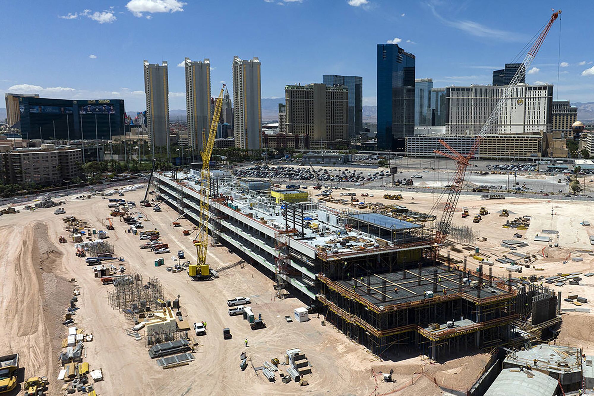 The construction site where Formula One is building a four-story, 300,000-square-foot paddock building is seen, on Tuesday, May 30, 2023, in Las Vegas. The building structure is constructed at the center of 39 acres on the northeast corner of Harmon Avenue and Koval Lane and will feature elevations of between 54 feet and 74 feet in height. (Bizuayehu Tesfaye/Las Vegas Review-Journal) @btesfaye