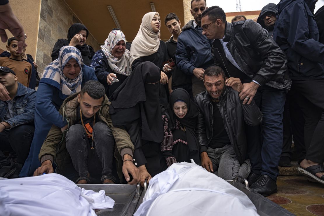 Palestinians mourn their relatives killed in the Israeli bombardment of the Gaza Strip, at the hospital in Khan Younis, Wednesday, Nov. 15, 2023. ( AP Photo/Fatima Shbair)