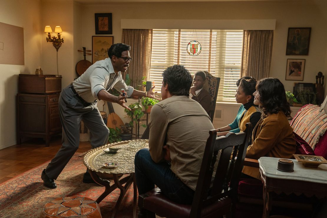 Rustin. (L to R) Colman Domingo as Bayard Rustin, Jakeem Dante Powell as Norm, Ayana Workman as Eleanor and Lilli Kay as Rachelle in Rustin. Cr. David Lee/Netflix © 2023