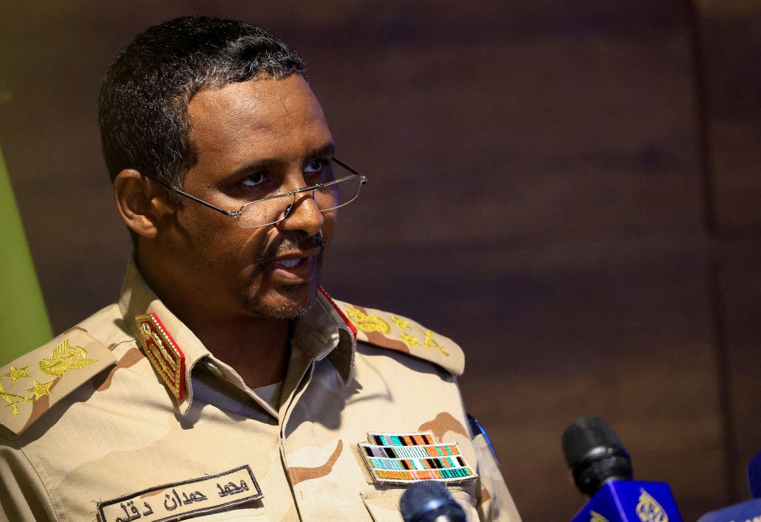 Deputy head of Sudan's sovereign council General Mohamed Hamdan Dagalo speaks during a press conference at Rapid Support Forces head quarter in Khartoum, Sudan February 19, 2023. REUTERS/Mohamed Nureldin Abdallah