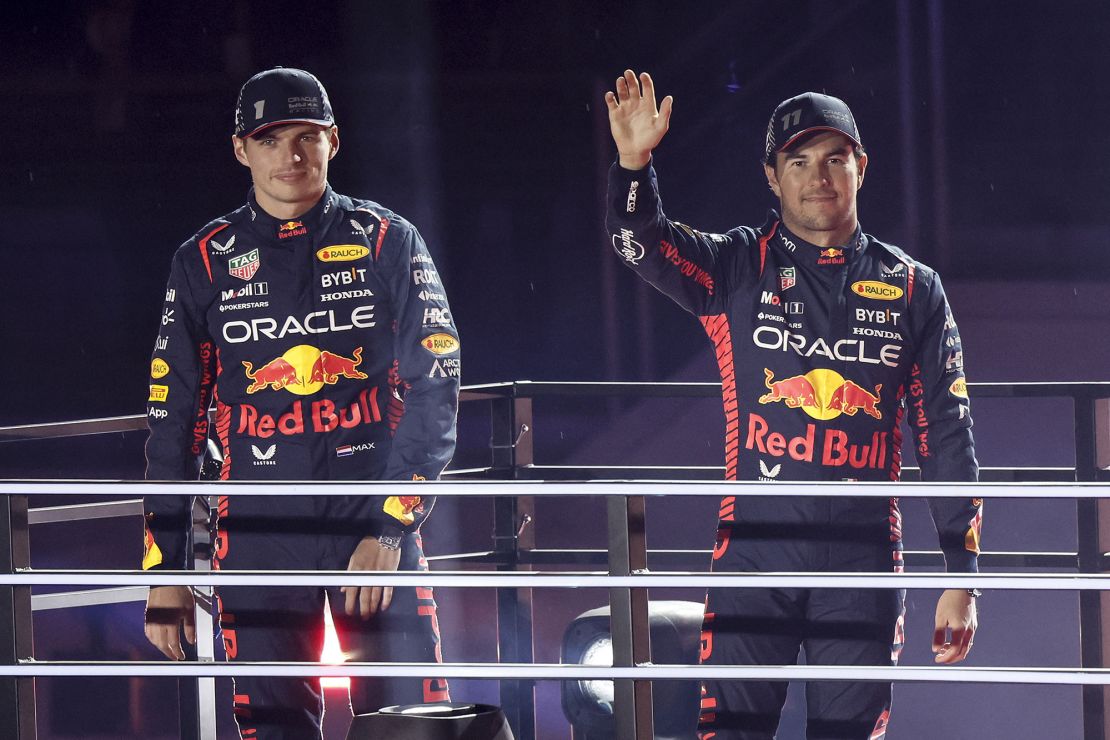 Mandatory Credit: Photo by ETIENNE LAURENT/EPA-EFE/Shutterstock (14214033br)Team Red Bull Racing's Max Verstappen (L) and Sergio Perez (R) attend the opening ceremony ahead of the F1 Grand Prix of Las Vegas at the Las Vegas Strip Circuit in Las Vegas, Nevada, USA, 15 November 2023.F1 Grand Prix of Las Vegas, Usa - 15 Nov 2023